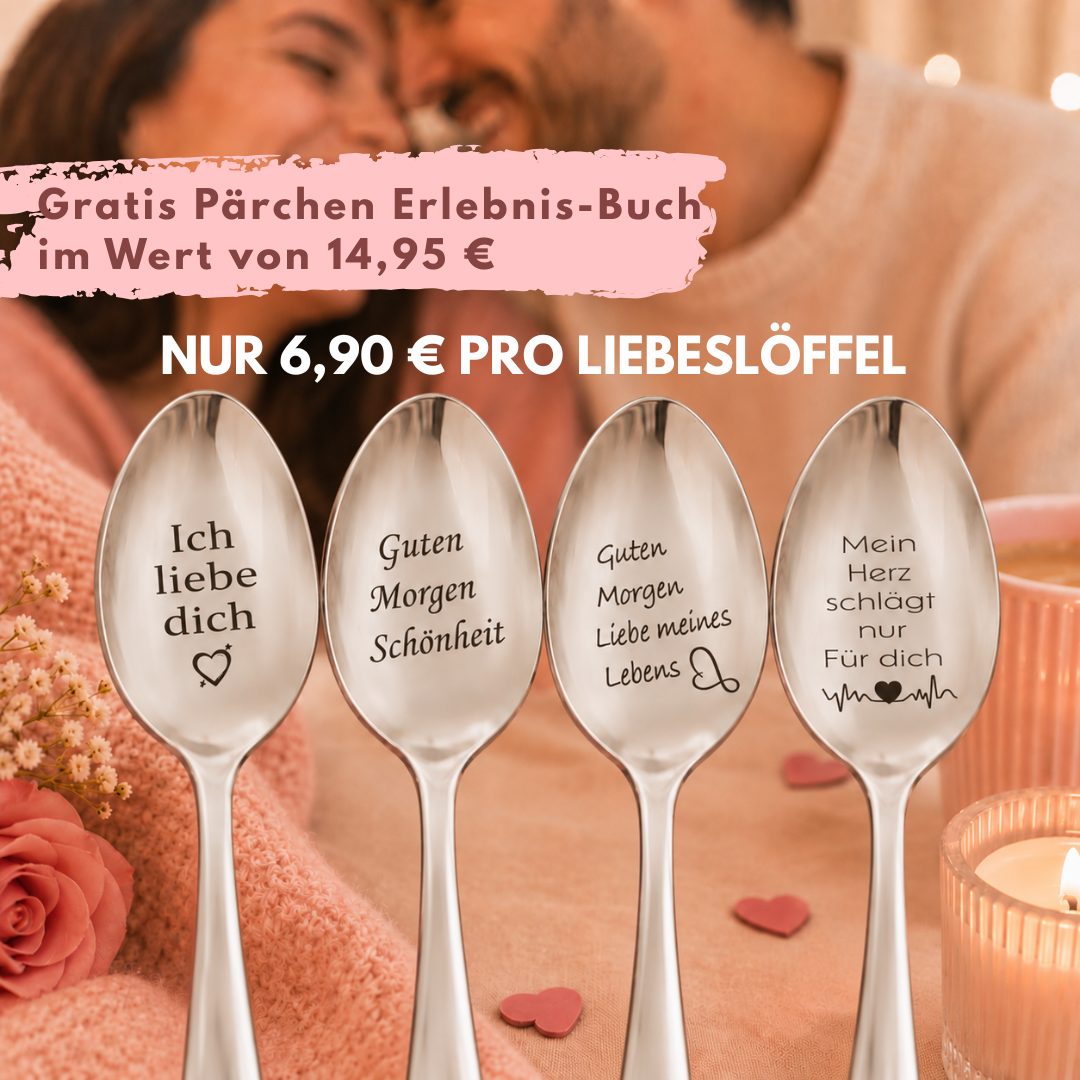Das Premium Liebes-Set: 4x gravierte Löffel inkl. Geschenkbox & Gratis Pärchen-Buch